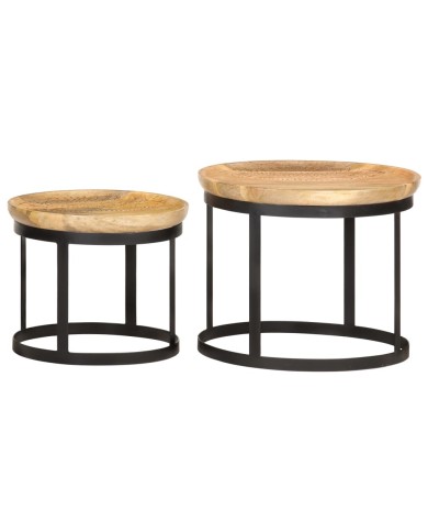 Tables d'appoint rondes 2 pcs Bois de manguier solide et acier