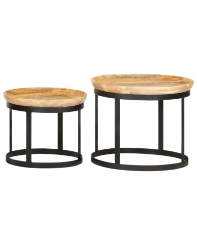 Tables d'appoint rondes 2 pcs Bois de manguier solide et acier