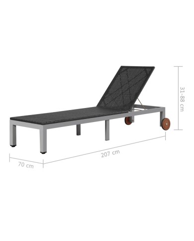 Chaise longue avec roues Résine tressée Noir