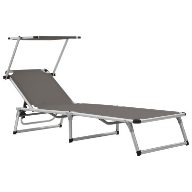 Chaise longue pliable avec auvent Aluminium et textilène Gris