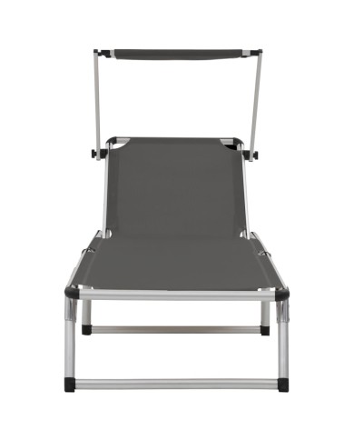 Chaise longue pliable avec auvent Aluminium et textilène Gris