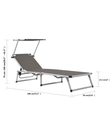 Chaise longue pliable avec auvent Aluminium et textilène Gris