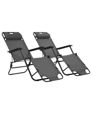 Chaises longues pliables 2 pcs avec repose-pied Acier Gris