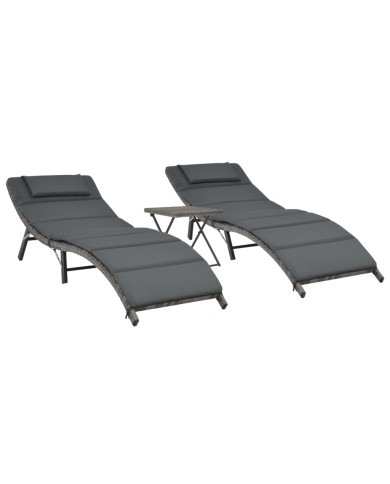 Ensemble de chaises longues pliables 3 pcs Résine tressée Gris