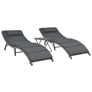 Ensemble de chaises longues pliables 3 pcs Résine tressée Gris