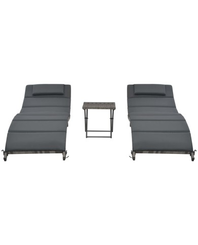 Ensemble de chaises longues pliables 3 pcs Résine tressée Gris