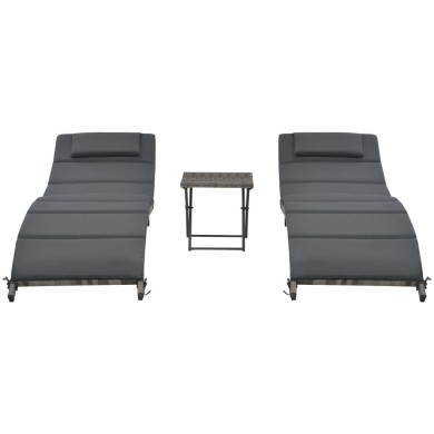 Ensemble de chaises longues pliables 3 pcs Résine tressée Gris