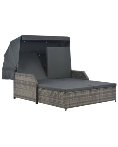 Chaise longue à 2 places avec auvent Résine tressée Gris