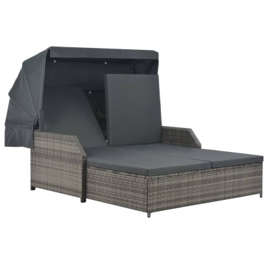Chaise longue à 2 places avec auvent Résine tressée Gris