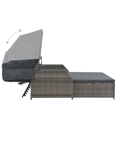 Chaise longue à 2 places avec auvent Résine tressée Gris