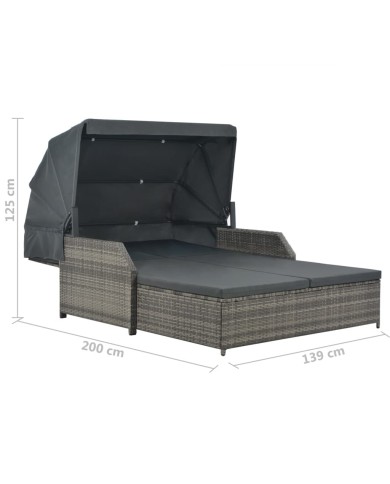 Chaise longue à 2 places avec auvent Résine tressée Gris