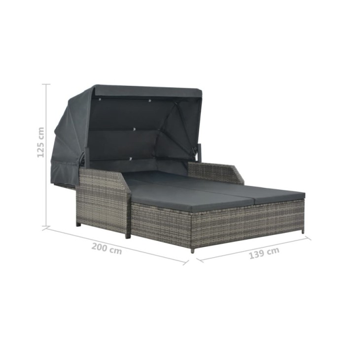 Chaise longue à 2 places avec auvent Résine tressée Gris