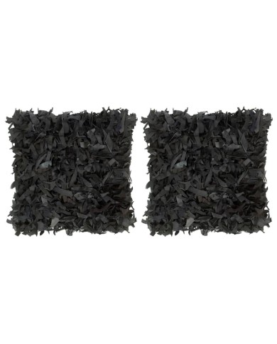 Coussins shaggy 2 pcs Noir 45x45 cm Cuir et coton