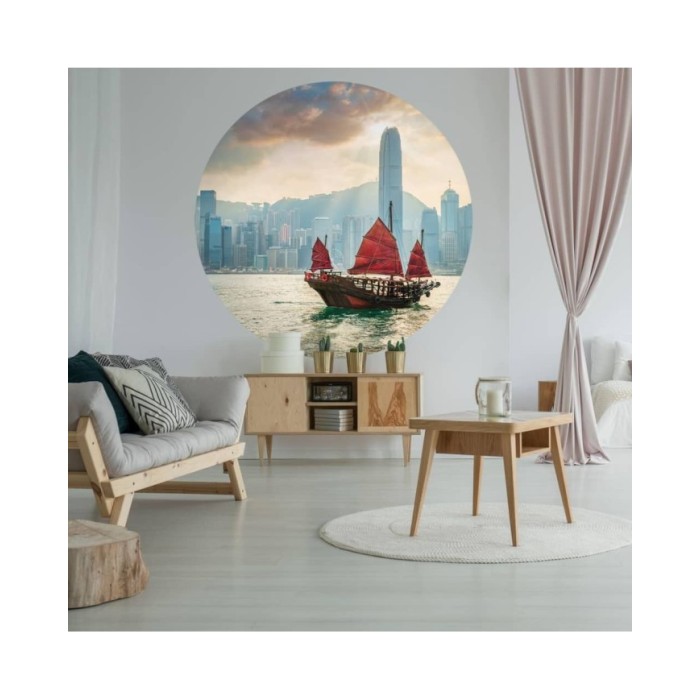 WallArt Papier peint cercle Skyline with Junk Boat 190 cm