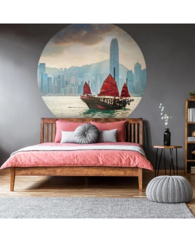 WallArt Papier peint cercle Skyline with Junk Boat 190 cm