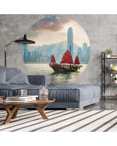WallArt Papier peint cercle Skyline with Junk Boat 190 cm