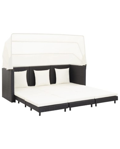 Canapé-lit extensible 3 places avec toit Résine tressée Noir