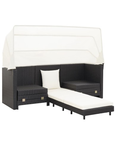 Canapé-lit extensible 3 places avec toit Résine tressée Noir