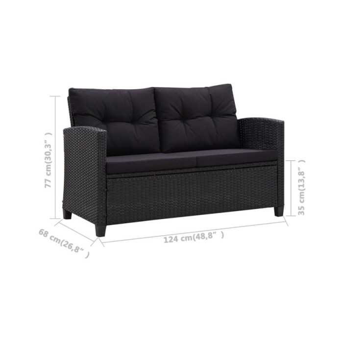 Canapé 2 places de jardin et coussins Noir 124cm Résine tressée