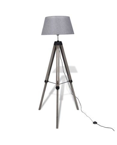 Lampadaire trépied réglable en bois et abat-jour en tissu Gris