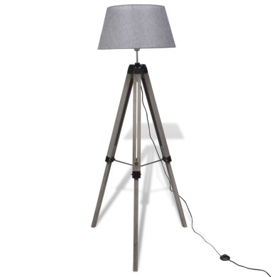 Lampadaire trépied réglable en bois et abat-jour en tissu Gris