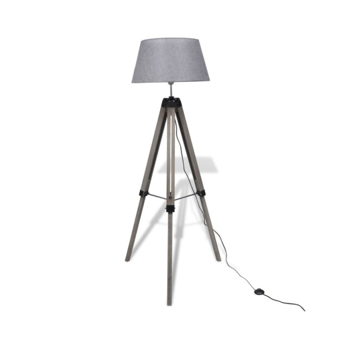 Lampadaire trépied réglable en bois et abat-jour en tissu Gris