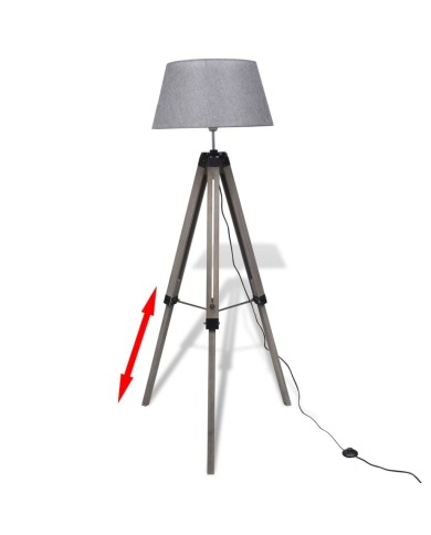 Lampadaire trépied réglable en bois et abat-jour en tissu Gris