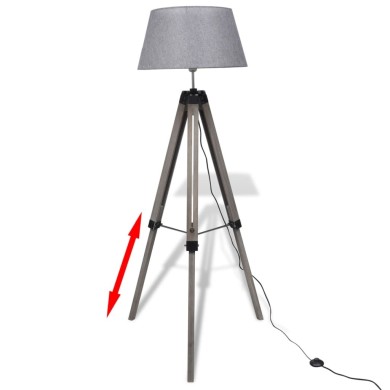 Lampadaire trépied réglable en bois et abat-jour en tissu Gris
