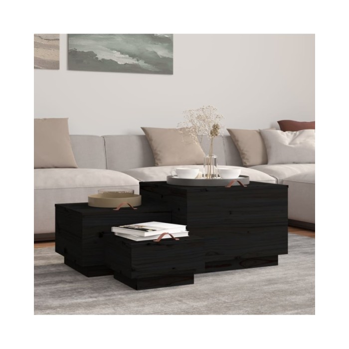 Boîtes de rangement et couvercles 3 pcs Noir Bois massif de pin