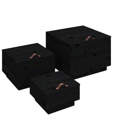 Boîtes de rangement et couvercles 3 pcs Noir Bois massif de pin