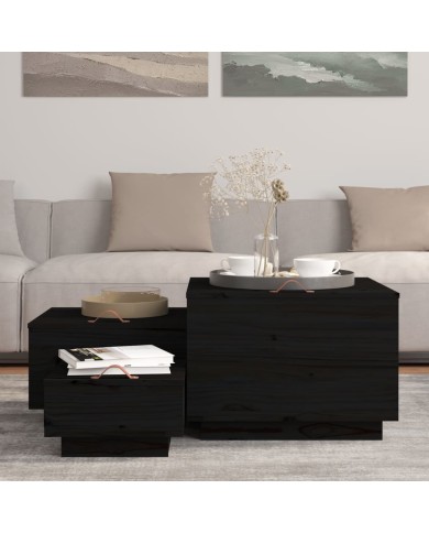 Boîtes de rangement et couvercles 3 pcs Noir Bois massif de pin