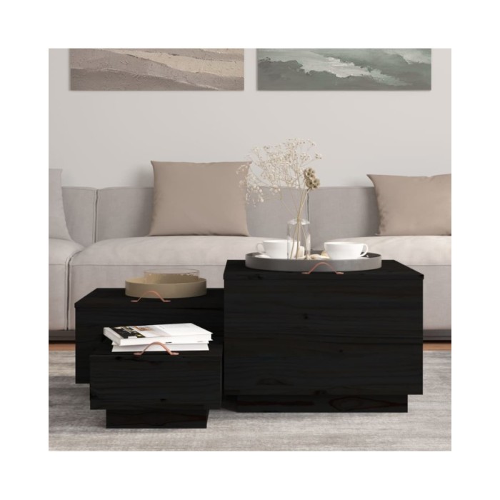 Boîtes de rangement et couvercles 3 pcs Noir Bois massif de pin