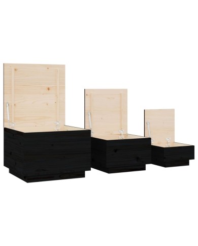 Boîtes de rangement et couvercles 3 pcs Noir Bois massif de pin