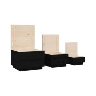 Boîtes de rangement et couvercles 3 pcs Noir Bois massif de pin