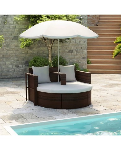Lit de jardin avec parasol Marron Résine tressée
