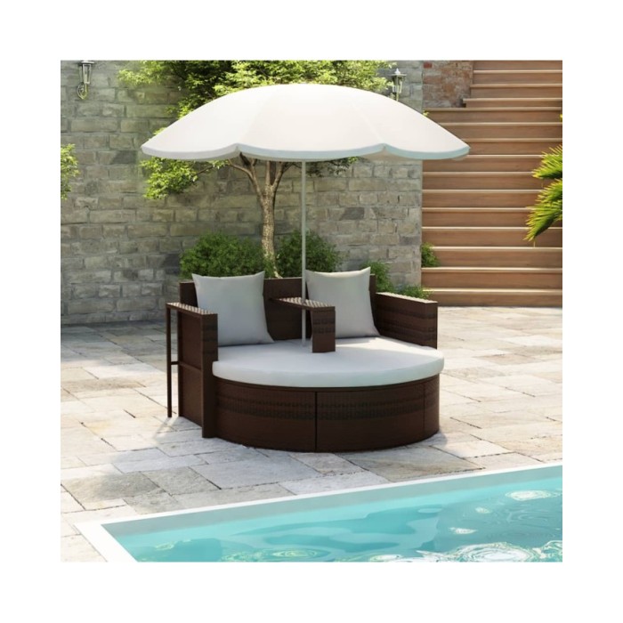 Lit de jardin avec parasol Marron Résine tressée