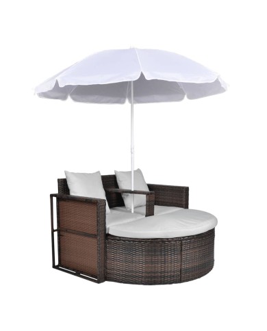 Lit de jardin avec parasol Marron Résine tressée