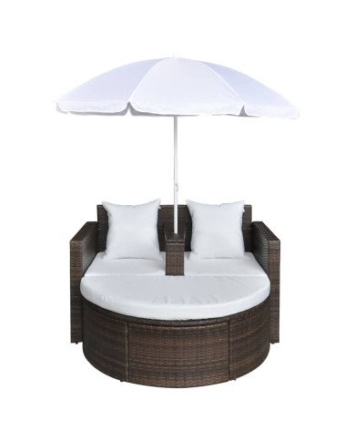 Lit de jardin avec parasol Marron Résine tressée
