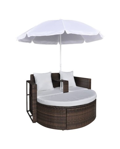 Lit de jardin avec parasol Marron Résine tressée