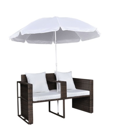 Lit de jardin avec parasol Marron Résine tressée