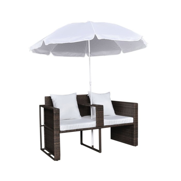 Lit de jardin avec parasol Marron Résine tressée
