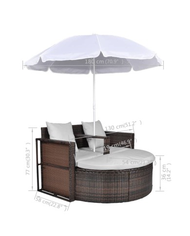 Lit de jardin avec parasol Marron Résine tressée