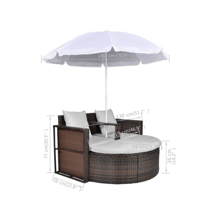 Lit de jardin avec parasol Marron Résine tressée