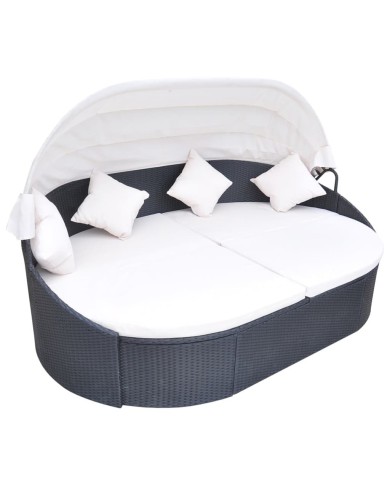 Chaise longue de jardin avec auvent Résine tressée Noir