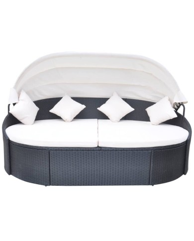 Chaise longue de jardin avec auvent Résine tressée Noir