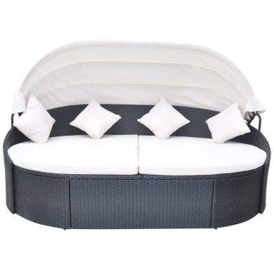 Chaise longue de jardin avec auvent Résine tressée Noir