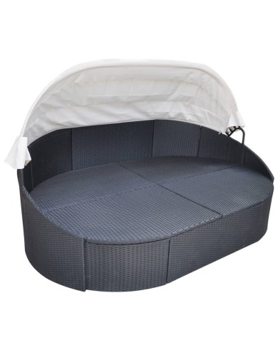 Chaise longue de jardin avec auvent Résine tressée Noir