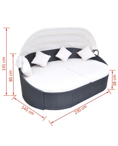 Chaise longue de jardin avec auvent Résine tressée Noir