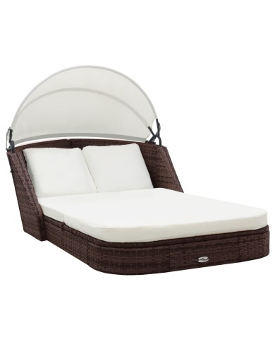 Chaise longue avec auvent Résine tressée Marron