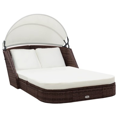 Chaise longue avec auvent Résine tressée Marron